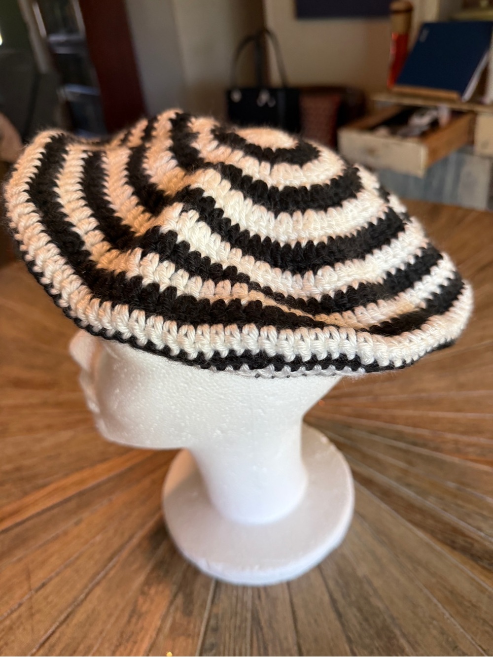 Handmade Crochet Beret Black Cream Striped Slouchy Boho Retro Hat French style